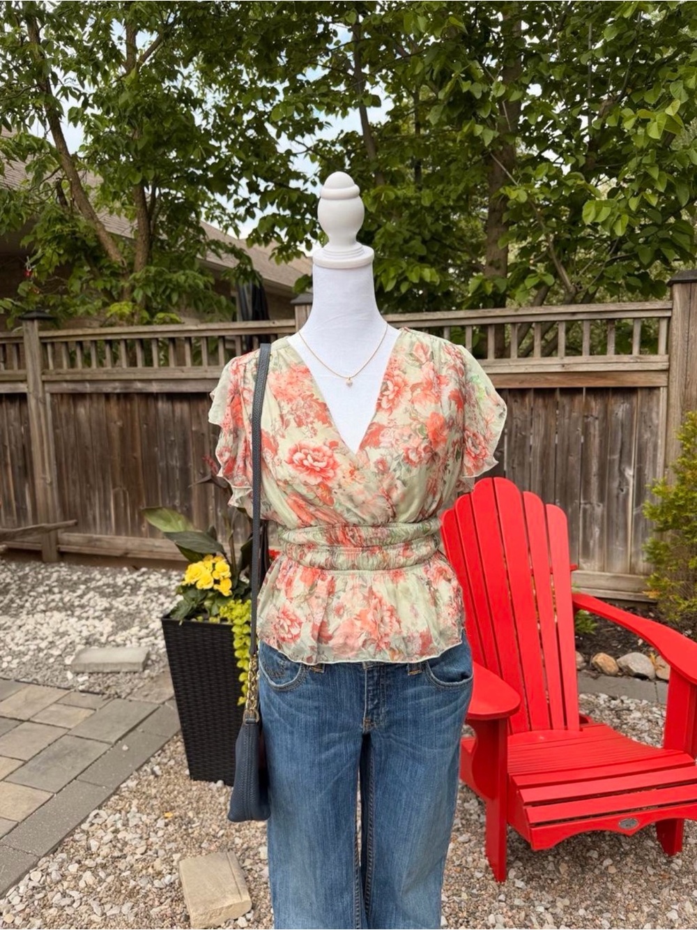 Guess Floral V-Neck Peplum Blouse - Cream & Coral